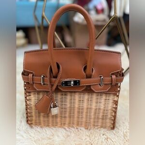 Wicker and Faux Leather Top Handle Bag
